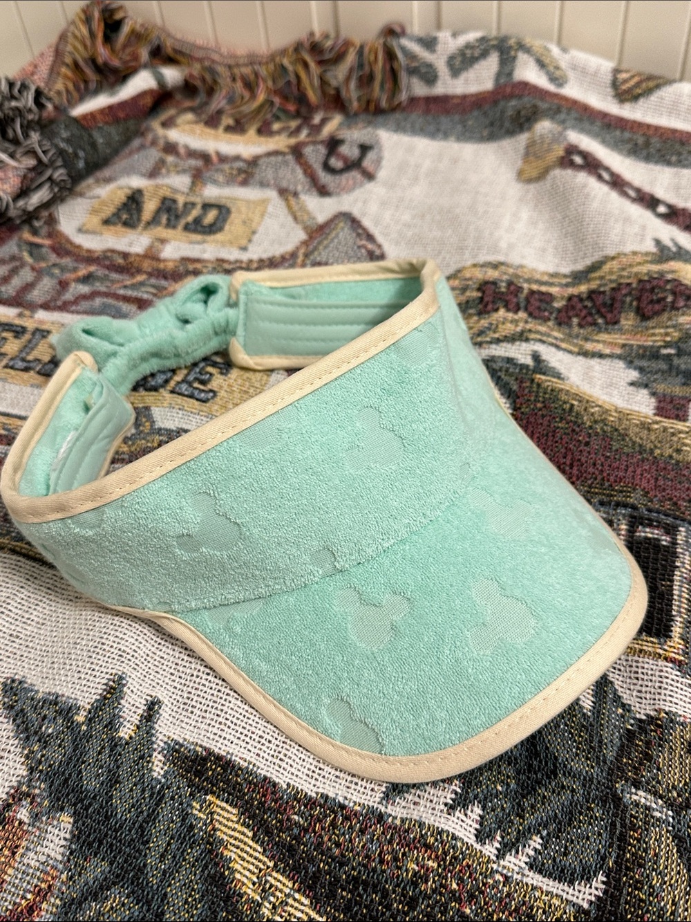 Mint Terry Cloth Visor with Subtle Embossed Mickey Mouse Pattern